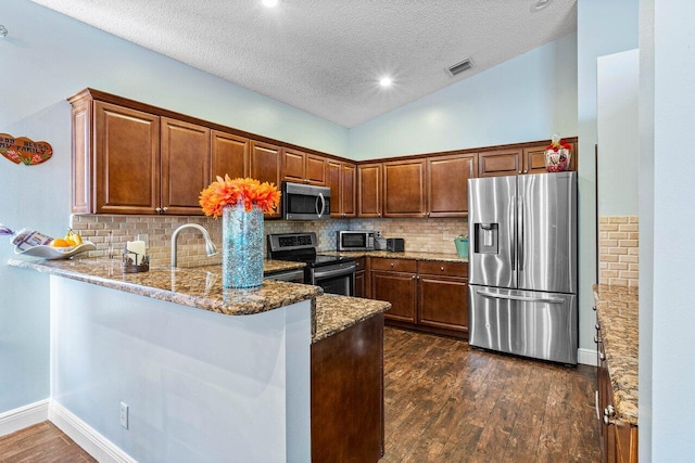 kitchen featuring dark wood-type flooring, stone counters, vaulted ceiling, kitchen peninsula, and stainless steel appliances