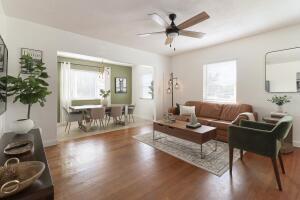 living room with ceiling fan and hardwood / wood-style floors