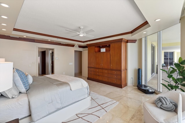 bedroom with a raised ceiling, ceiling fan, crown molding, and access to outside