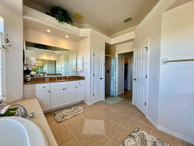 bathroom featuring tile patterned floors, crown molding, vanity, and independent shower and bath