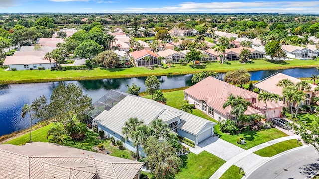 aerial view featuring a water view