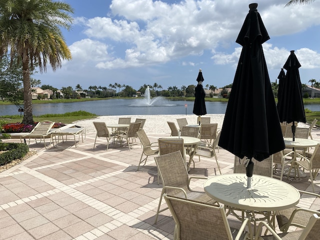 view of patio featuring a water view