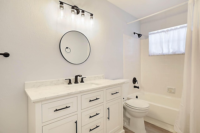 full bathroom with vanity, hardwood / wood-style floors, shower / tub combo with curtain, and toilet