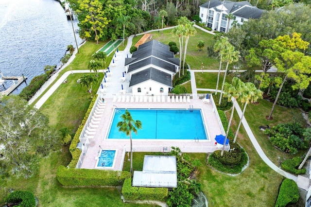 drone / aerial view featuring a water view