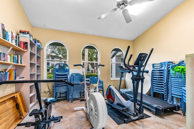 workout room featuring ceiling fan