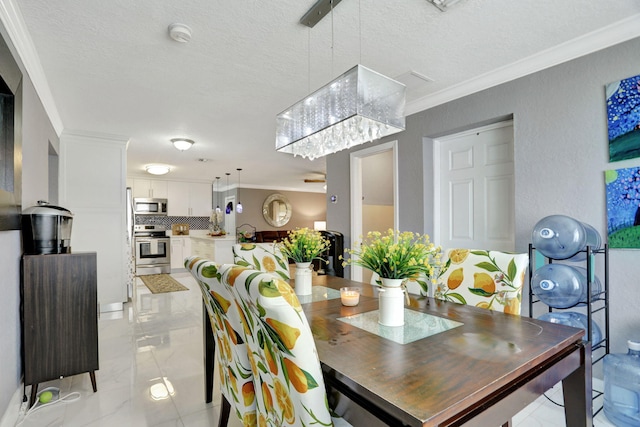 dining room with crown molding and a textured ceiling