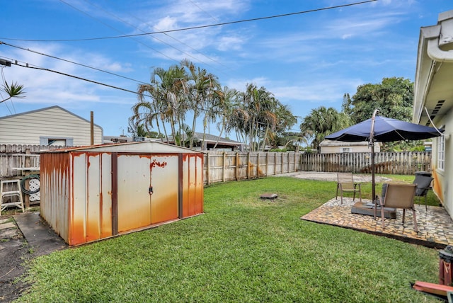 view of yard featuring a patio and a shed