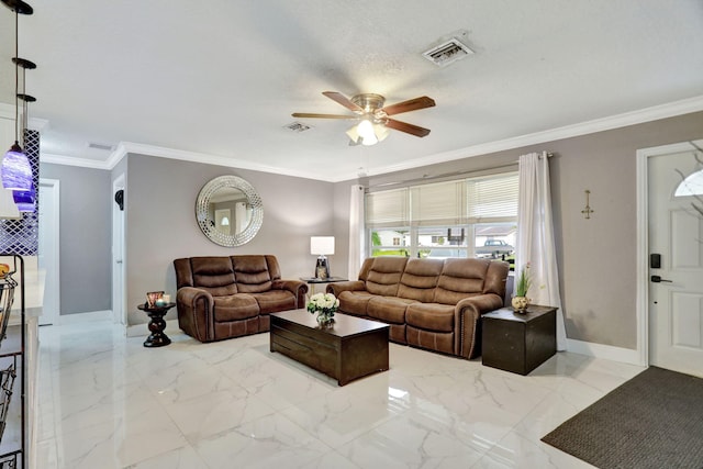 living room with a textured ceiling, ceiling fan, and crown molding