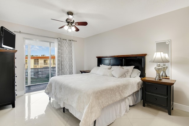 tiled bedroom featuring ceiling fan and access to exterior