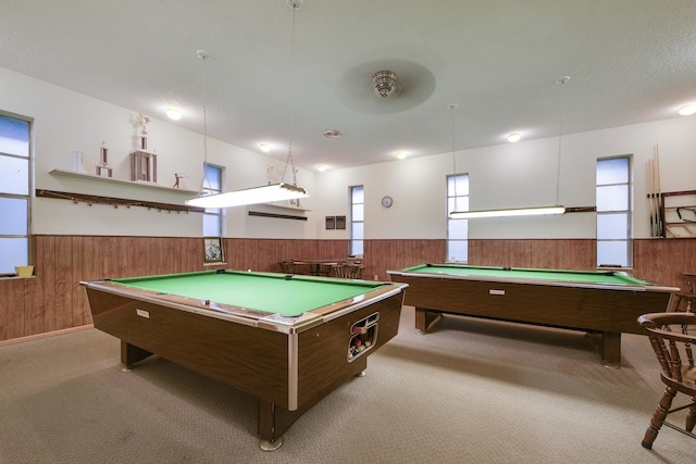 recreation room featuring light colored carpet and billiards