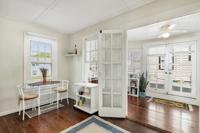 doorway featuring ceiling fan, dark wood-type flooring, and french doors