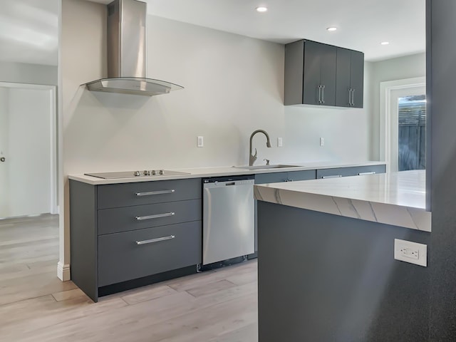 kitchen featuring stainless steel dishwasher, wall chimney exhaust hood, sink, electric cooktop, and light hardwood / wood-style floors