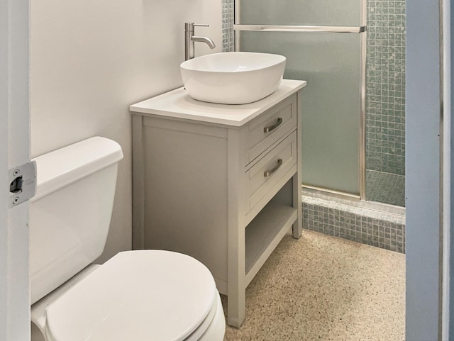 bathroom with vanity, toilet, and a shower with shower door