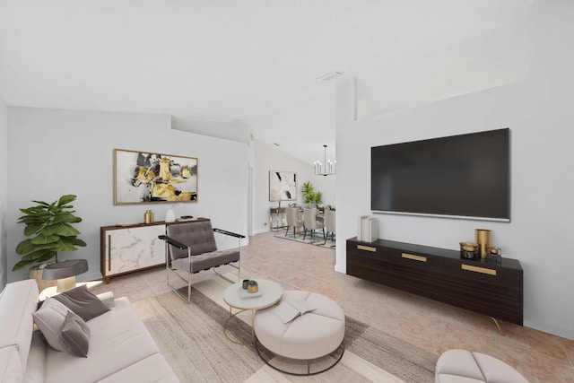 living room with lofted ceiling and an inviting chandelier