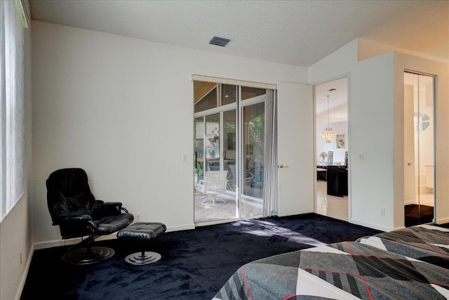 bedroom with a textured ceiling, access to exterior, dark carpet, and vaulted ceiling