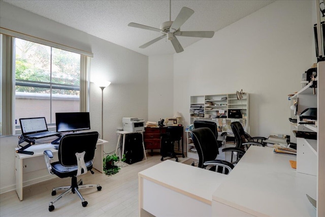 office space with a textured ceiling, light hardwood / wood-style flooring, and ceiling fan