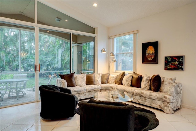 tiled living room with lofted ceiling