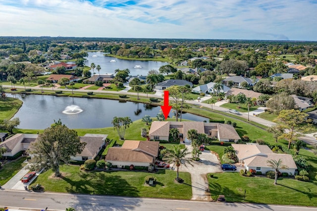 drone / aerial view featuring a water view