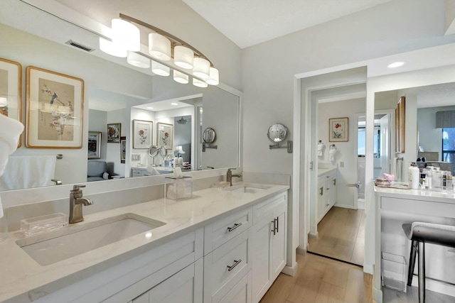 bathroom featuring vanity and wood-type flooring