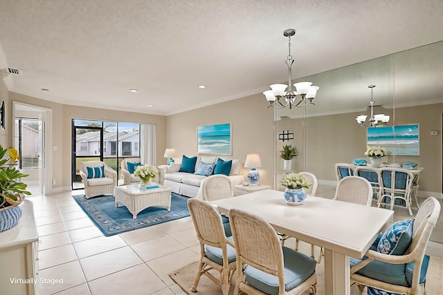 tiled dining area with ornamental molding, a notable chandelier, and a textured ceiling