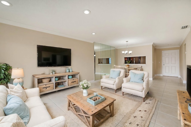 tiled living room with crown molding and a notable chandelier