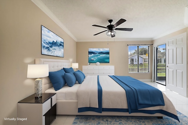 tiled bedroom featuring crown molding, ceiling fan, and a textured ceiling