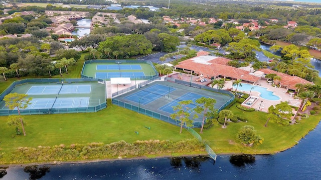 drone / aerial view with a water view