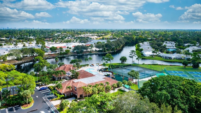 drone / aerial view with a water view