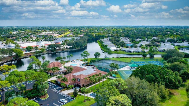 birds eye view of property featuring a water view