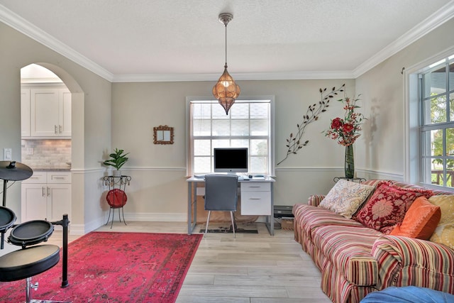 office featuring a textured ceiling, light wood-type flooring, crown molding, and a healthy amount of sunlight