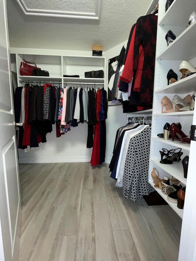 walk in closet featuring light hardwood / wood-style flooring