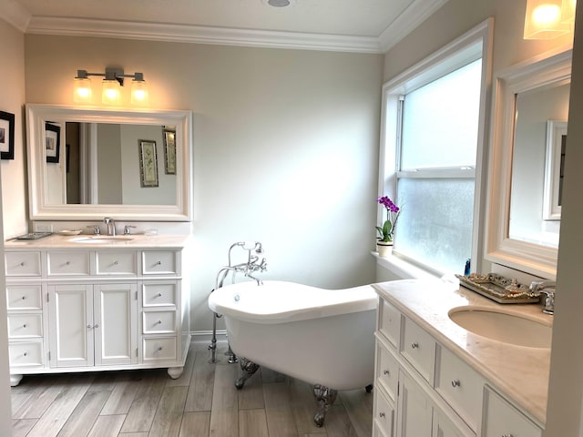 bathroom featuring ornamental molding, vanity, and a bathing tub