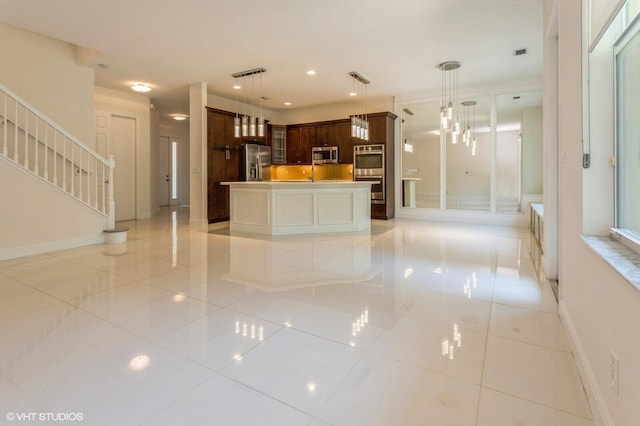 kitchen with stainless steel appliances, light tile patterned flooring, glass insert cabinets, baseboards, and recessed lighting