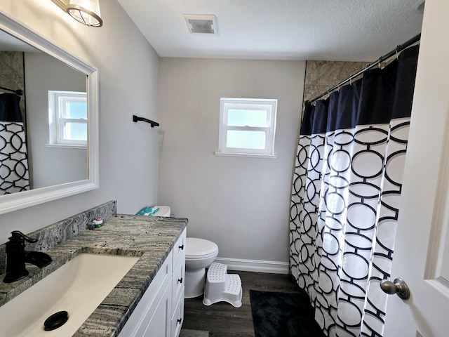 bathroom featuring wood-type flooring, vanity, toilet, and a healthy amount of sunlight