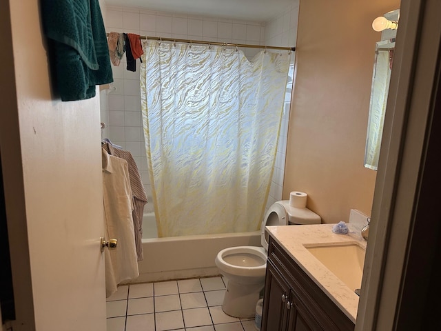 full bathroom with tile patterned flooring, shower / bath combo, vanity, and toilet