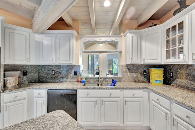 kitchen with decorative backsplash, sink, black dishwasher, and white cabinets