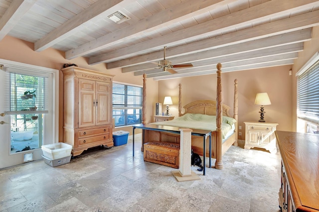 bedroom featuring multiple windows, wooden ceiling, and beam ceiling