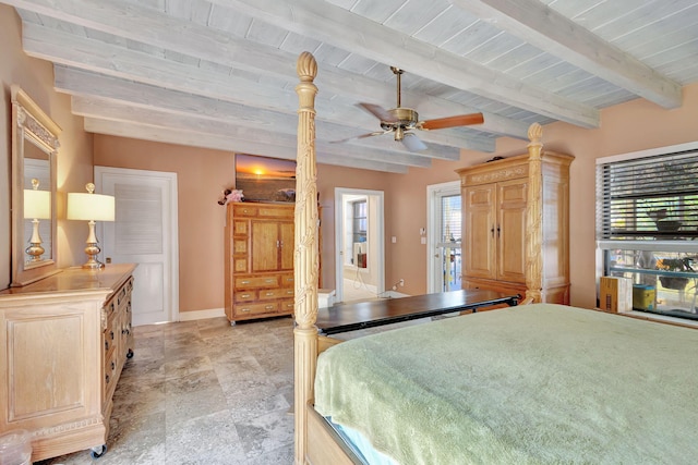 bedroom with beamed ceiling and wood ceiling