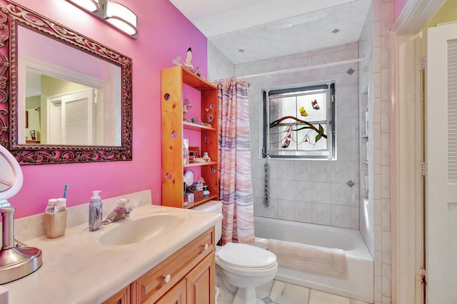 full bathroom featuring toilet, tile patterned flooring, shower / tub combo with curtain, and vanity