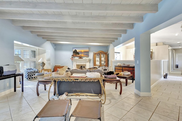 tiled living room with beam ceiling