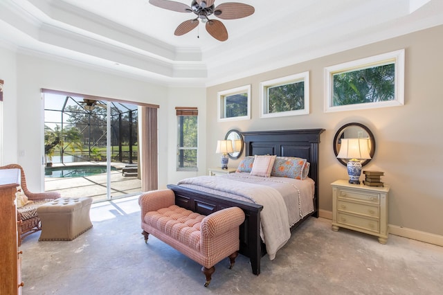 bedroom featuring a raised ceiling, crown molding, and access to exterior