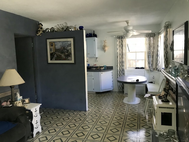 interior space with white cabinets and ceiling fan