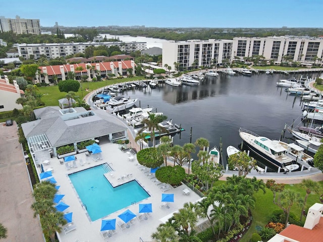 drone / aerial view with a water view