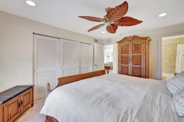 bedroom with ceiling fan, connected bathroom, and a closet