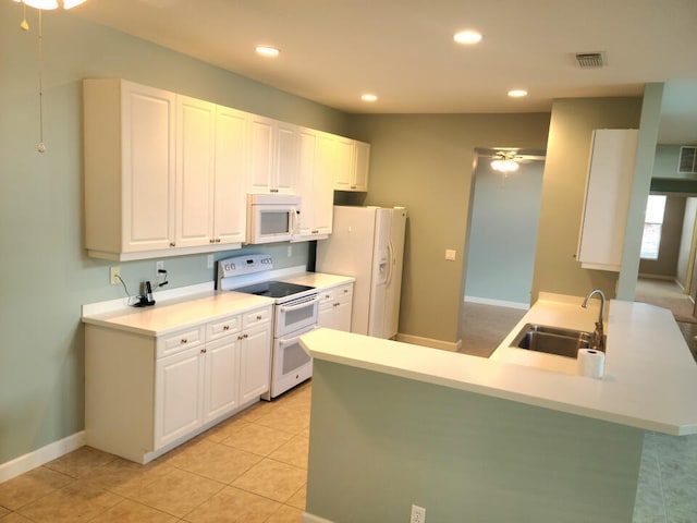 kitchen with white appliances, white cabinets, sink, ceiling fan, and kitchen peninsula