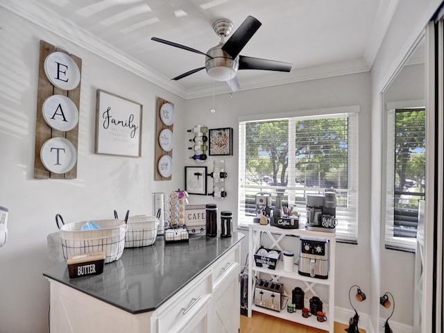 kitchen with white cabinets, light hardwood / wood-style flooring, ceiling fan, and crown molding