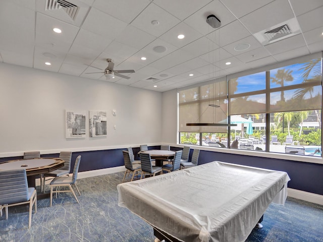 game room featuring a paneled ceiling, ceiling fan, and pool table