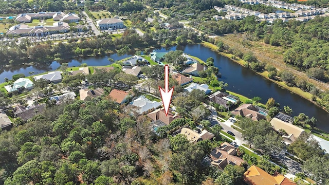 aerial view featuring a water view