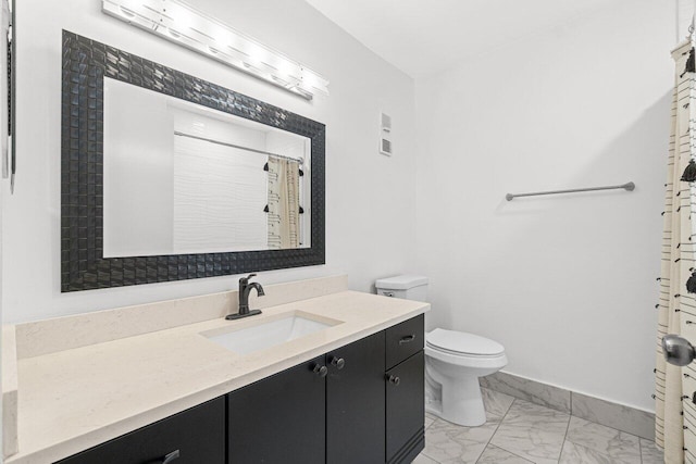 9904 Summerbrook Ter Unit C, Boynton Beach, FL 33437 - full bathroom featuring marble finish flooring, toilet, vanity, baseboards, and a shower with curtain
