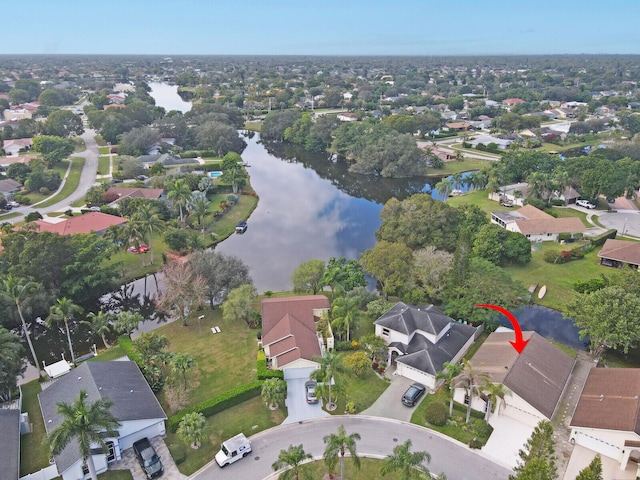 drone / aerial view featuring a water view